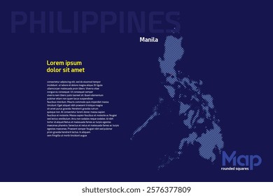 Map of Philippines featuring rounded squares with light blue color. The name of the capital marked with a red square. Isolated on a dark blue background. Perfect for various design projects
