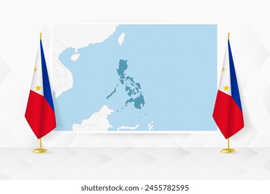 Map of Philippines and flags of Philippines on flag stand. Vector illustration for diplomacy meeting.