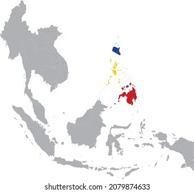 Map of Philippines with national flag inside the gray map of Southeast region of Asia