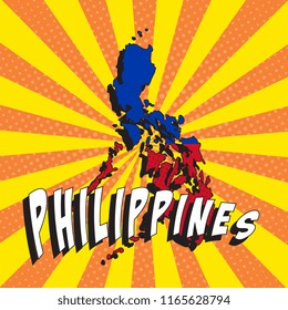 map of philippines with national flag in retro comic pop art style on colorful background with radial lines