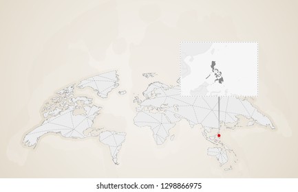 Map of Philippines with neighbor countries pinned on world map. Abstract triangles World Map.
