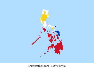 Map of Philippines on a blue background, Flag of Philippines on it.