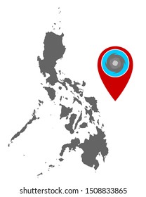 Map of the Philippines and pin with hurricane warning