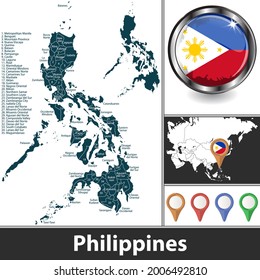 Map of Philippines with provinces and location on Asian map. Vector image