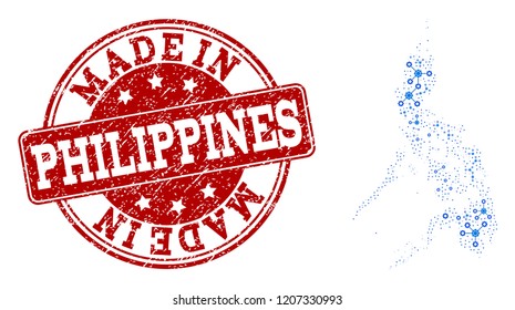 Map of Philippines vector mosaic and Made In grunge stamp. Map of Philippines formed with blue cog links. Made in red seal with grunge rubber texture.