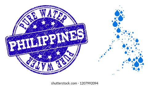 Map of Philippines vector mosaic and Pure Water grunge stamp. Map of Philippines designed with blue water raindrops. Seal with unclean rubber texture for pure drinking water.