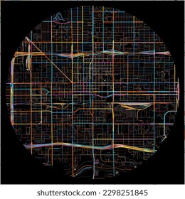 Mapa de Phoenix, Arizona con todas las carreteras principales y menores, vías férreas y vías fluviales. Coloridas líneas de arte sobre fondo negro.