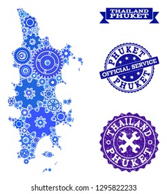 Map of Phuket composed with blue cog symbols, and isolated scratched watermarks for official repair services. Vector abstract mosaic of map of Phuket with job symbols in blue shades.