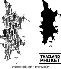 Map of Phuket for political projects. Vector population abstraction. Mosaic map of Phuket done of population pictograms. Demographic concept in dark grey color tints.