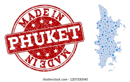 Map of Phuket vector mosaic and Made In grunge stamp. Map of Phuket created with blue engine links. Made in red seal with retro rubber texture.