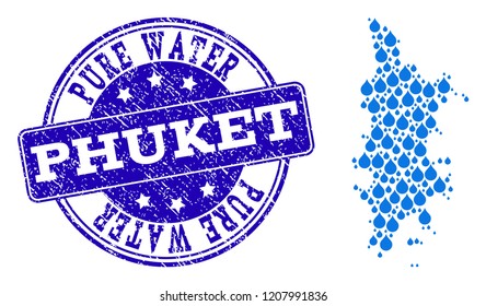 Map of Phuket vector mosaic and Pure Water grunge stamp. Map of Phuket composed with blue liquid dews. Seal with grunge rubber texture for pure drinking water.