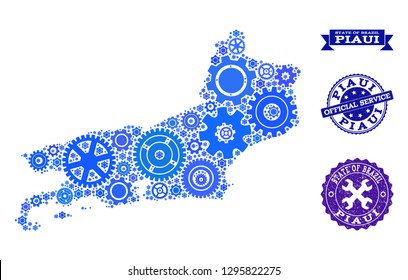 Map of Piaui State formed with blue gear symbols, and isolated grunge seals for official repair services. Vector abstract collage of map of Piaui State with work symbols in blue hues.