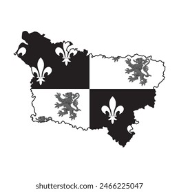 Map of Picardy province with its official flag in white, gray and black color. Vector illustration