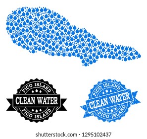Map of Pico Island vector mosaic and clean water grunge stamp. Map of Pico Island formed with blue water dews. Seal with grunge rubber texture for clear drinking water.