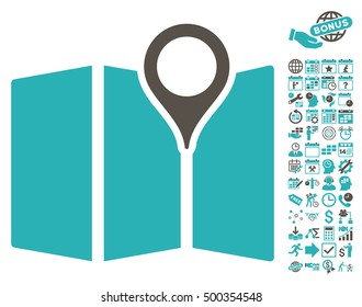 Map pictograph with bonus calendar and time management pictograms. Vector illustration style is flat iconic symbols, grey and cyan colors, white background.