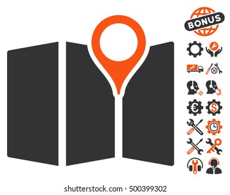 Map pictograph with bonus configuration icon set. Vector illustration style is flat iconic symbols, orange and gray colors, white background.