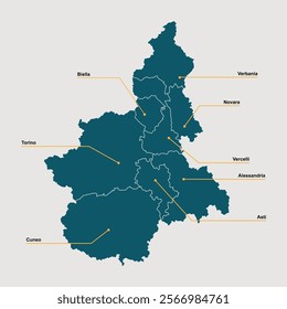 Map of Piedmont with the provinces. Vector infographic illustration.