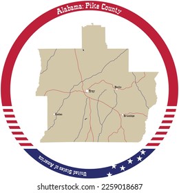 Map of Pike county in Alabama, USA arranged in a circle.