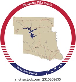 Map of Pike County in Arkansas, USA arranged in a circle.