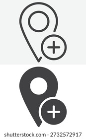 Map pin add plus different style icon set. Line, outline and solid icon vector sign symbol with editable stroke. Add location icon for new places.