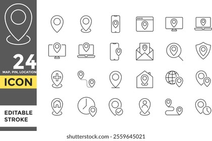 map, pin address Editable line stroke icon set. map icon symbol. clock sign. address pin signs. Meeting deadlines. Time speed icon symbol. Pixel perfect. address sign