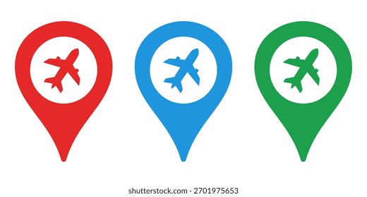 Mapa pin y avión. Icono de Vector aislado sobre fondo blanco.