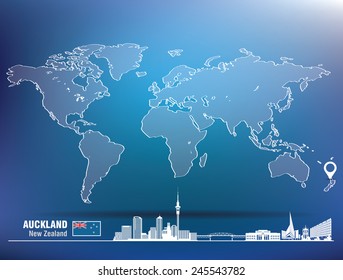 Map pin with Auckland skyline - vector illustration