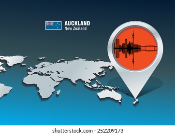 Map pin with Auckland skyline - vector illustration