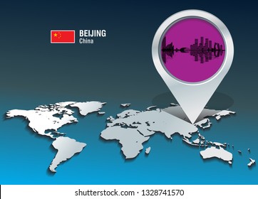Map pin with Beijing skyline - vector illustration