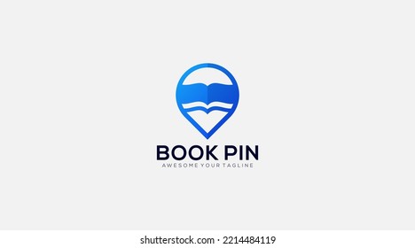 Map pin book logo template, library location icon design