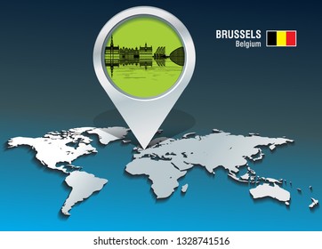 Map pin with Brussels skyline - vector illustration