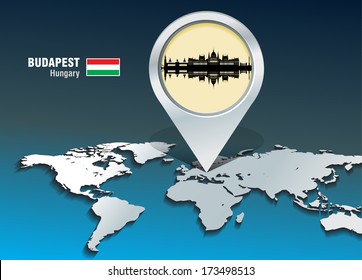 Map pin with Budapest skyline - vector illustration
