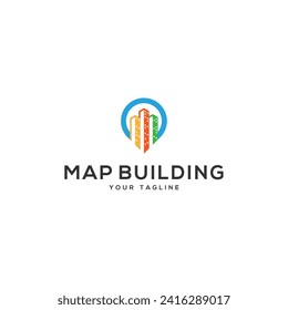 Mapa de la plantilla de ilustración vectorial del diseño del logotipo de Pin y edificio	