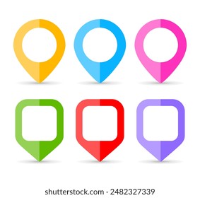 Map pin buttons, location pointers set isolated on white background. Blank information arrows to indicate geo position or tourist attraction place, simple flat design markers