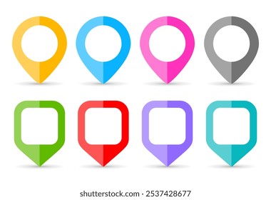 Map pin buttons set, colorful location markers isolated on white background. Simple vector route tags, flat web symbols for trip destination.