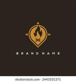 map pin campfire and compass logo design vector