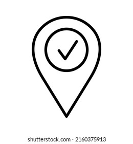 Map pin with check mark icon, check location. Tick and location pin isolated on white background. 