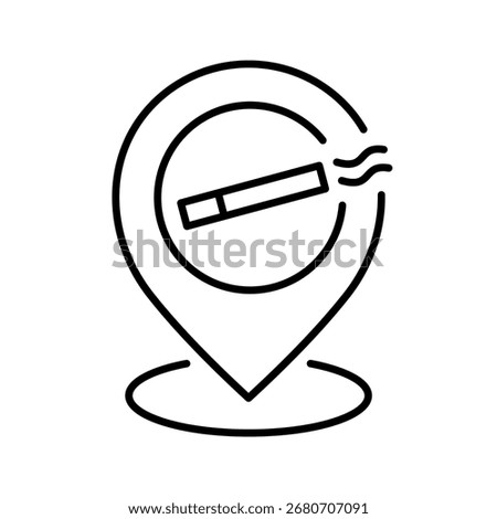 Map pin with a cigarette line icon. Smoking allowed area. Designated place for smokers. Smoker friendly zones. Public tobacco use locations in restaurants, airports and outdoor. Vector illustration. 
