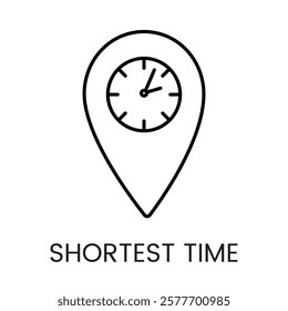 A map pin with a clock icon in vector, representing shortest time or fastest route, with an editable stroke.