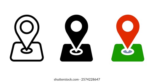 Map pin color icon. Direction pointer sign. Location symbol. Road navigation marker illustration. Travel, trip and journey pictogram.