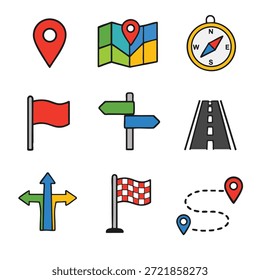Un mapa pin, mapa, brújula y el icono de dirección de la carretera en un estilo plano y colorido