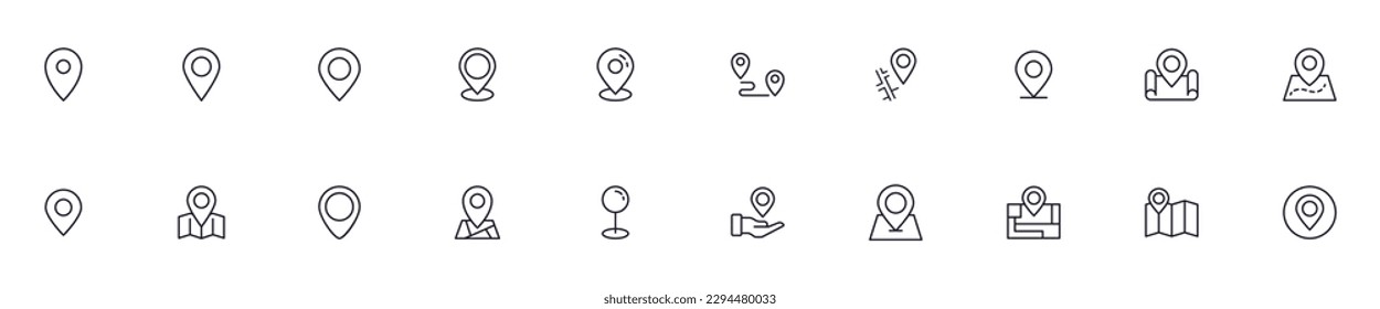 Map pin concept. Collection of modern high quality pin line icons. Editable stroke. Premium linear symbol for web sites, flyers, banners, online shops and companies. 