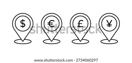 Map pin with currency icon. Dollar, euro, pound, yen money map symbol