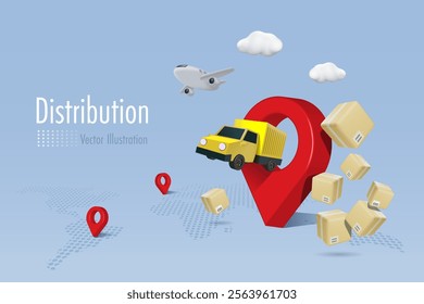 Map pin with delivery truck and airplane deliver shipment boxes. Online shopping, delivery and worldwide logistics distribution shipment. 3D vector.