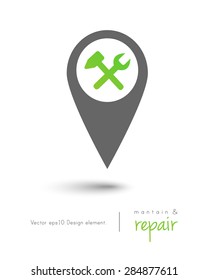 Map pin design with tools inside as maintenance and repair symbols
