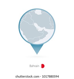 Map pin with detailed map of Bahrain and neighboring countries.