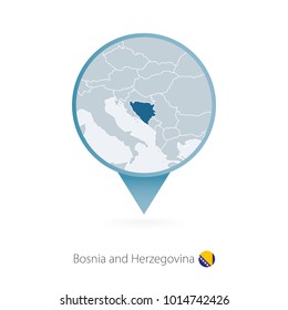 Map pin with detailed map of Bosnia and Herzegovina and neighboring countries.