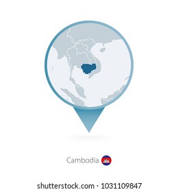 Map pin with detailed map of Cambodia and neighboring countries.