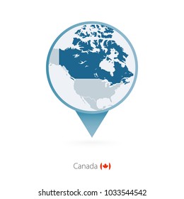 Map pin with detailed map of Canada and neighboring countries.