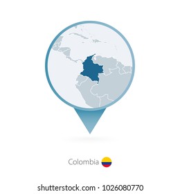 Map pin with detailed map of Colombia and neighboring countries.
